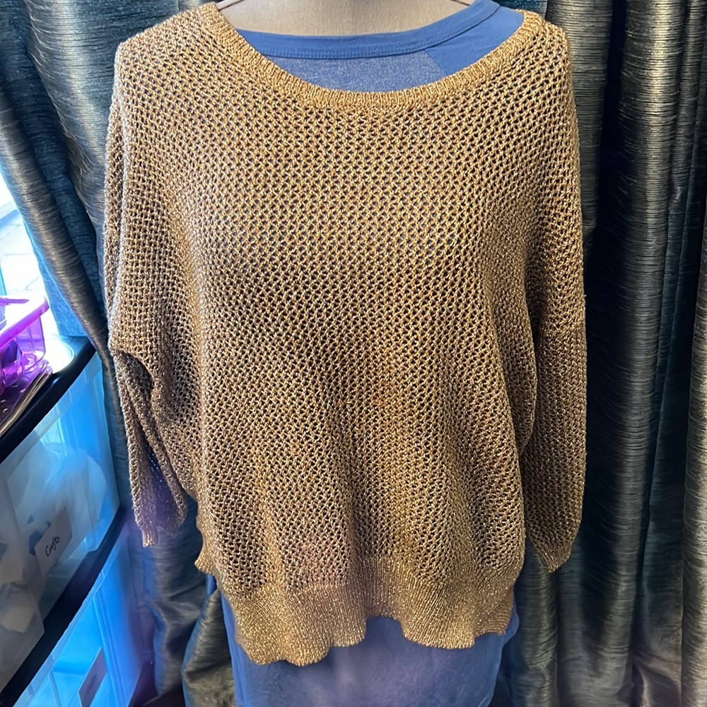 Gerard Darel gold metallic open knit crew neck sweater size 3